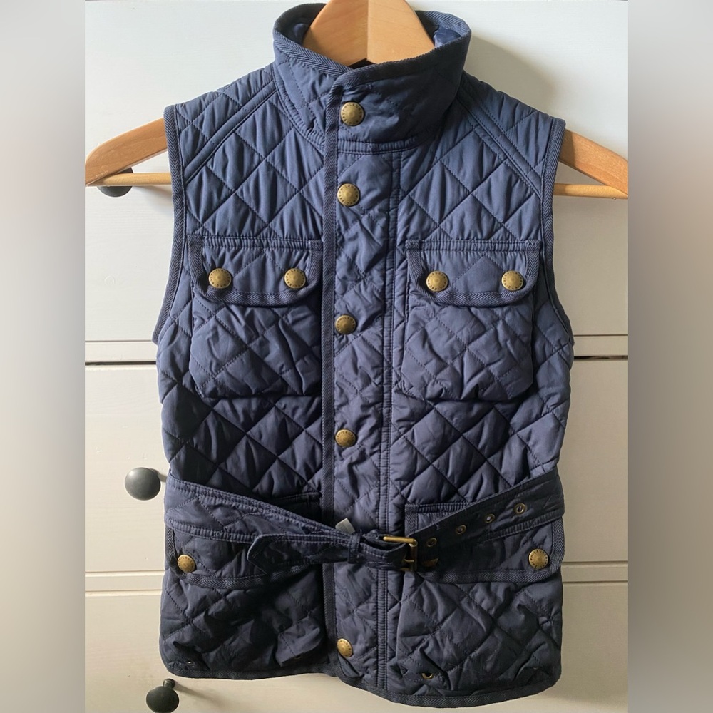 Polo Ralph Lauren Quilted Navy Blue Belted Vest Size S 7 Fall Autumn Outerwear